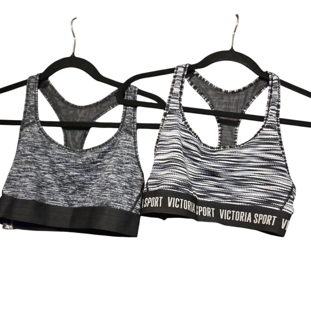 Victoria Sport Racerback Sports Bra Women Small Grey Black Lot of 2 Striped Logo